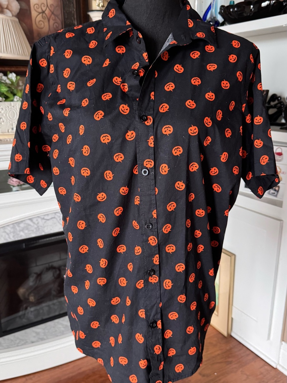 Spirit Black Button-Down Shirt Orange Pumpkin Print